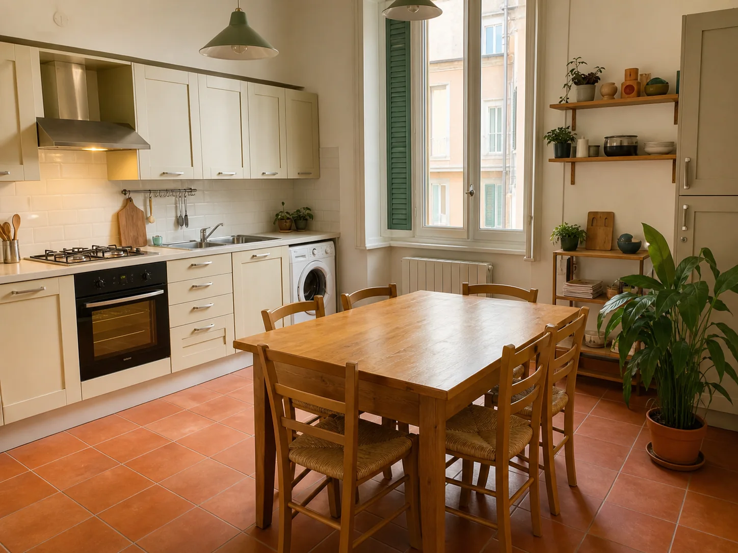 Bright shared kitchen with a wooden dining table